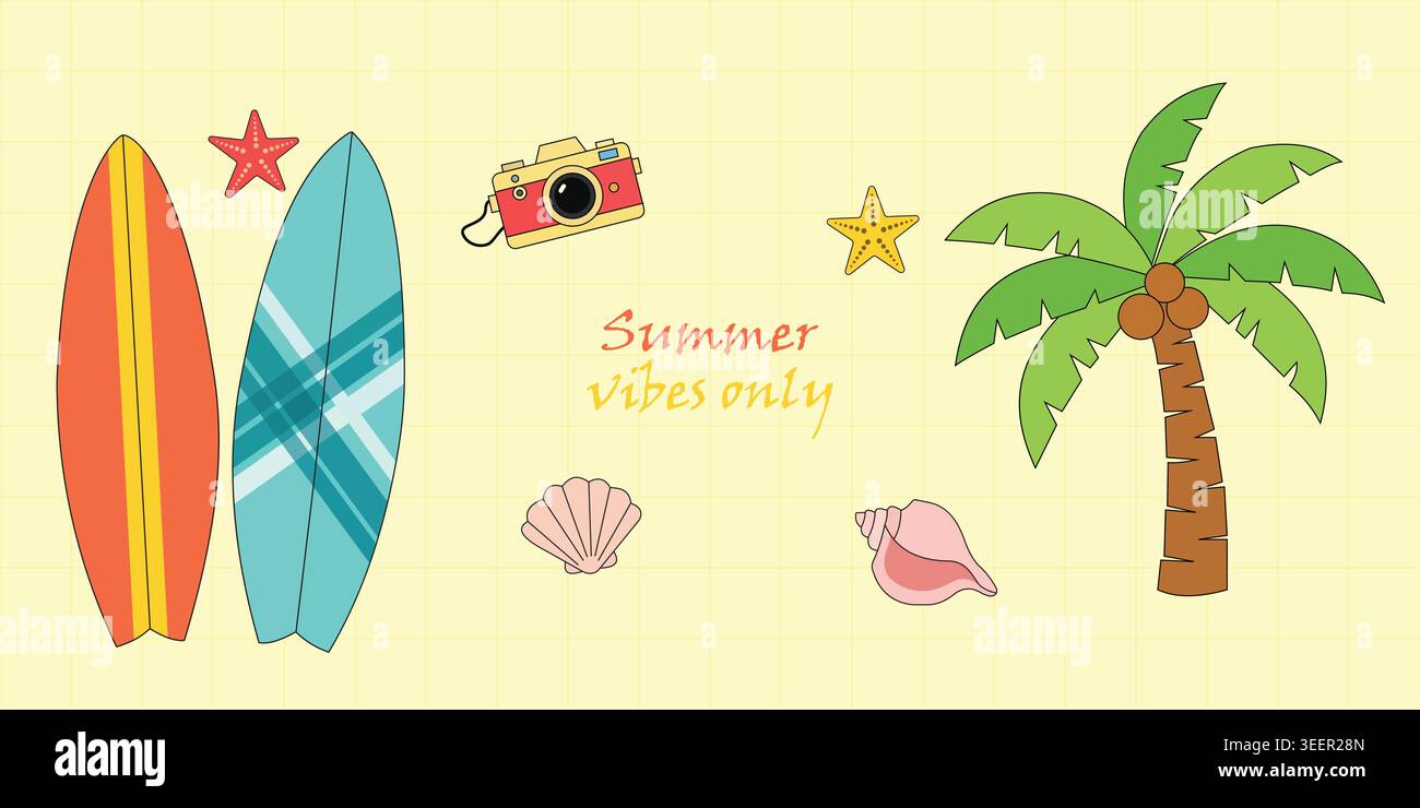 Summer vibes only typography graphic with surfboards palm tree camera and shells vector illustration bundle pack Stock Vector