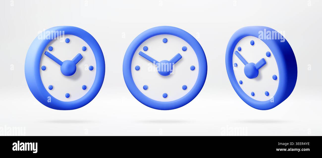 Three 3D blue clocks set in different angles Stock Vector