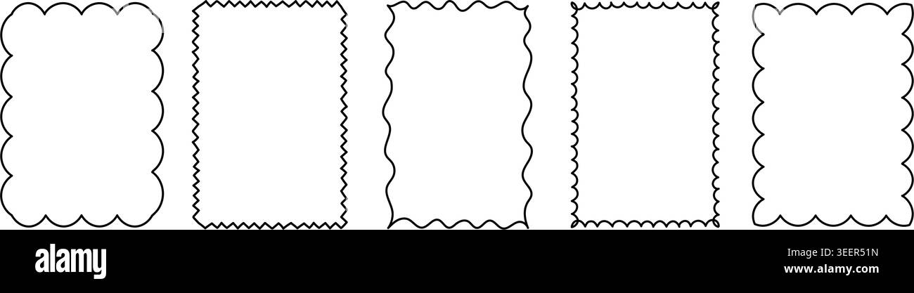 Wavy and scalloped rectangular frames, vector hand drawn line art borders for greeting cards, invitations, certificates Stock Vector