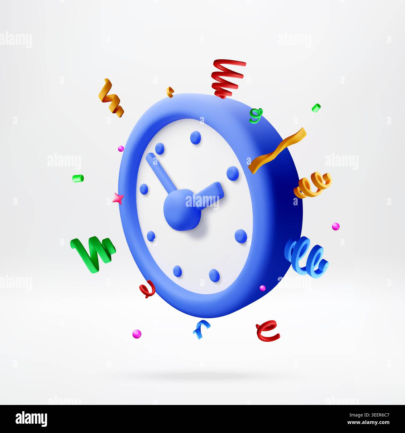 3D Blue clock icon with colorful festive confetti Stock Vector