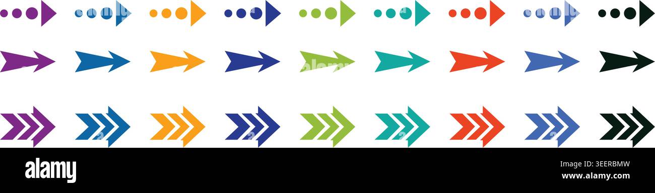 new bright vibrant colorful forward direction pointer navigation arrow signs set graphic elements flat modern vector illustration Stock Vector