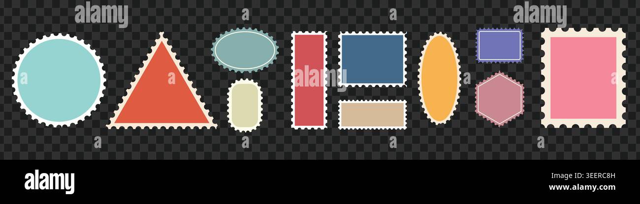 Geometric blank postage stamp shape set retro zigzag edge mail delivery letter graphic design element bundle Stock Vector