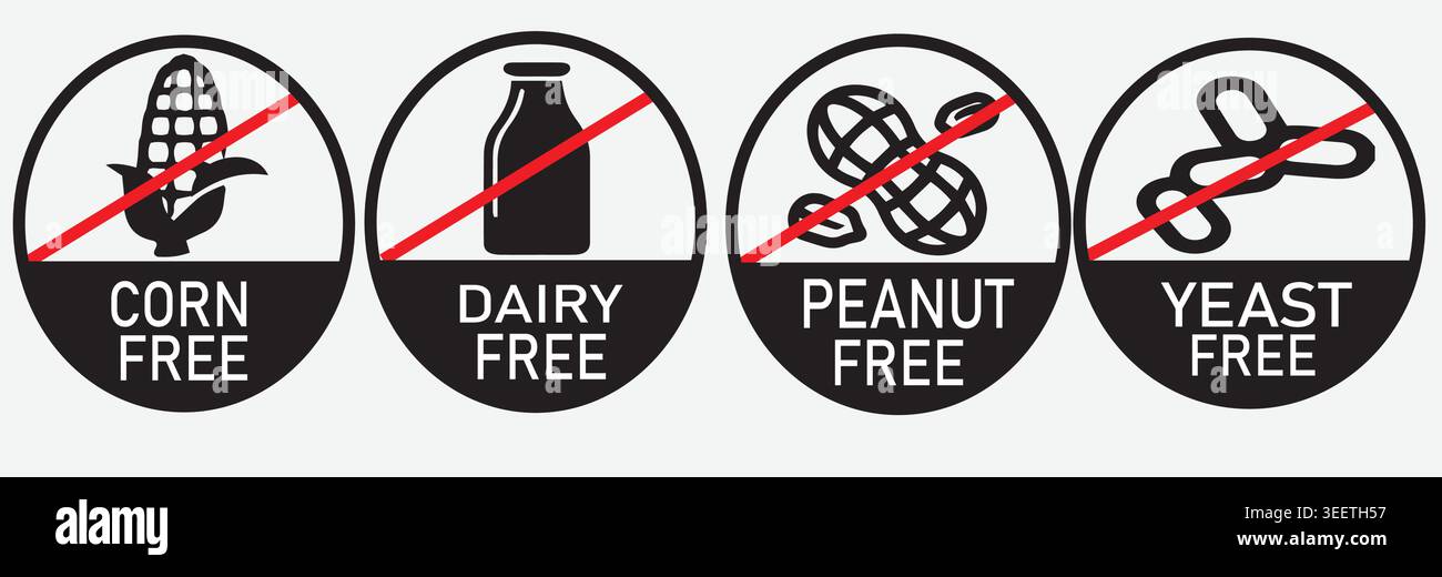 Allergen-Free Food Labels Set: Corn, Dairy, Peanut, and Yeast Free ...