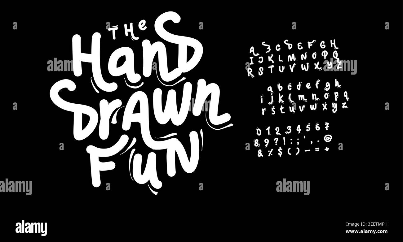 Hand drawn fun font, white playful alphabet, finger drawn marker ...