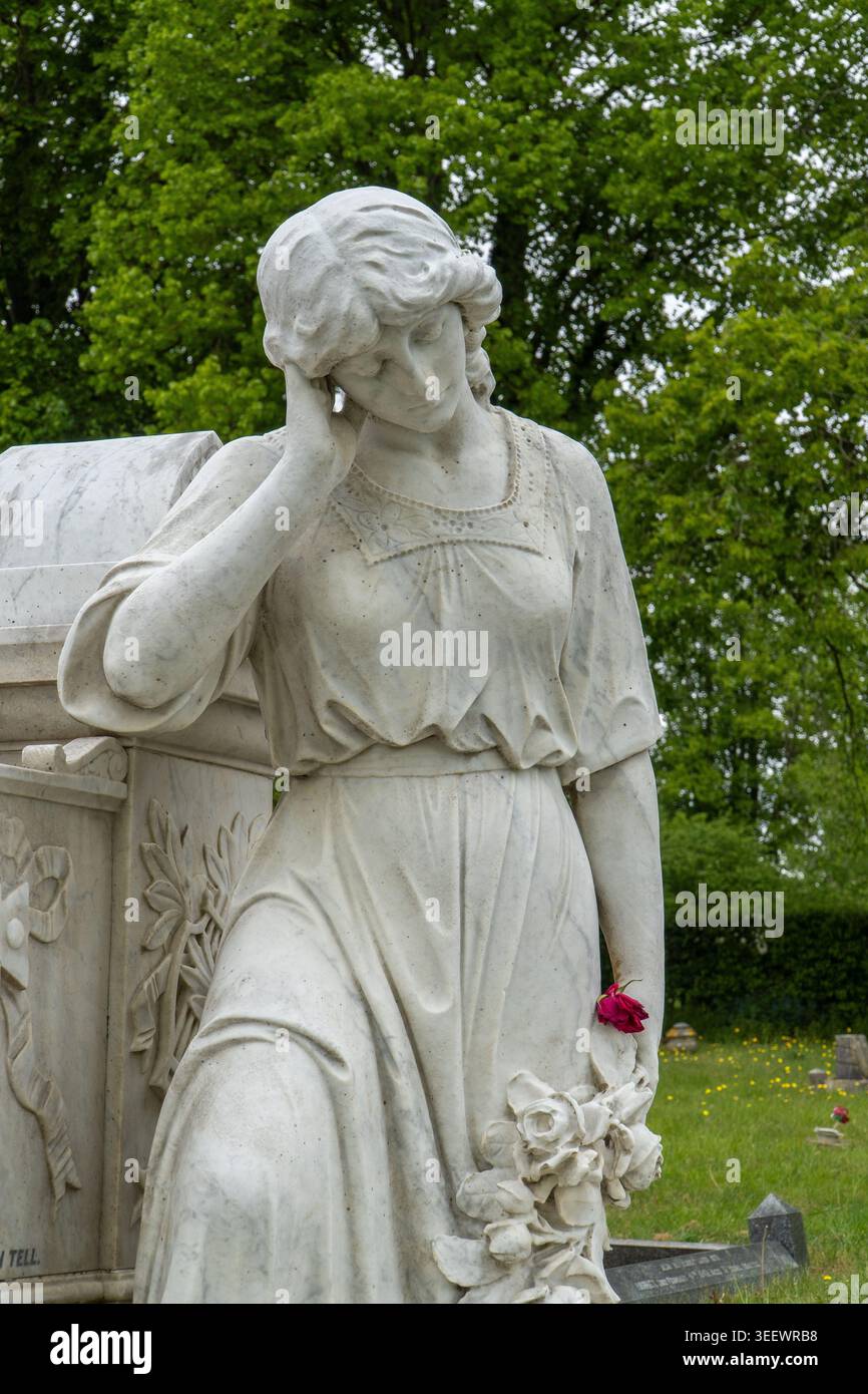 Marble Mourning Statue of Grieving Woman at Historic Cemetery With Rose ...