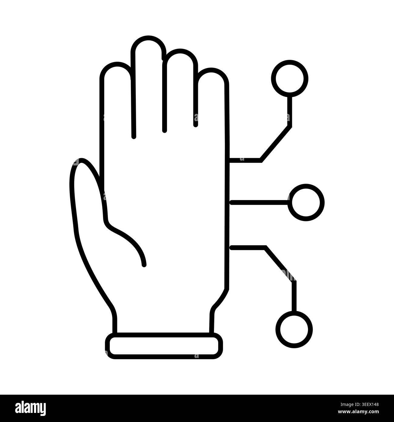 Hand symbol and microchip. Vector line illustration. Suitable for biometric security, human tech interface, AI identification Stock Vector
