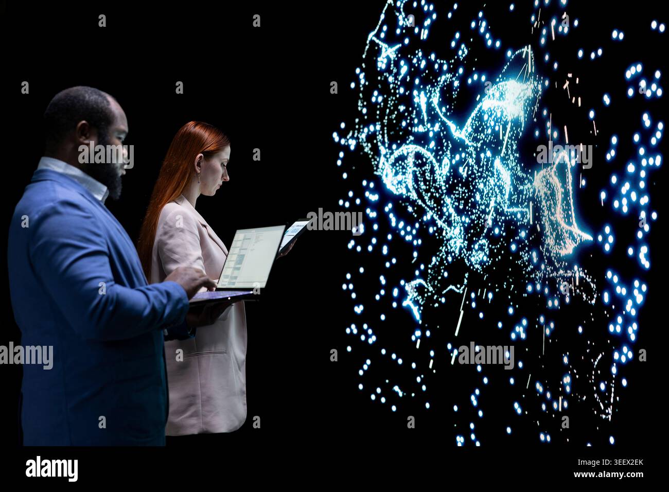 Modifying AI, neural network structure and engineering team coworkers. Analyzing artificial intelligence algorithms, LLM visualization and IT staff members in RD tech company Stock Photo