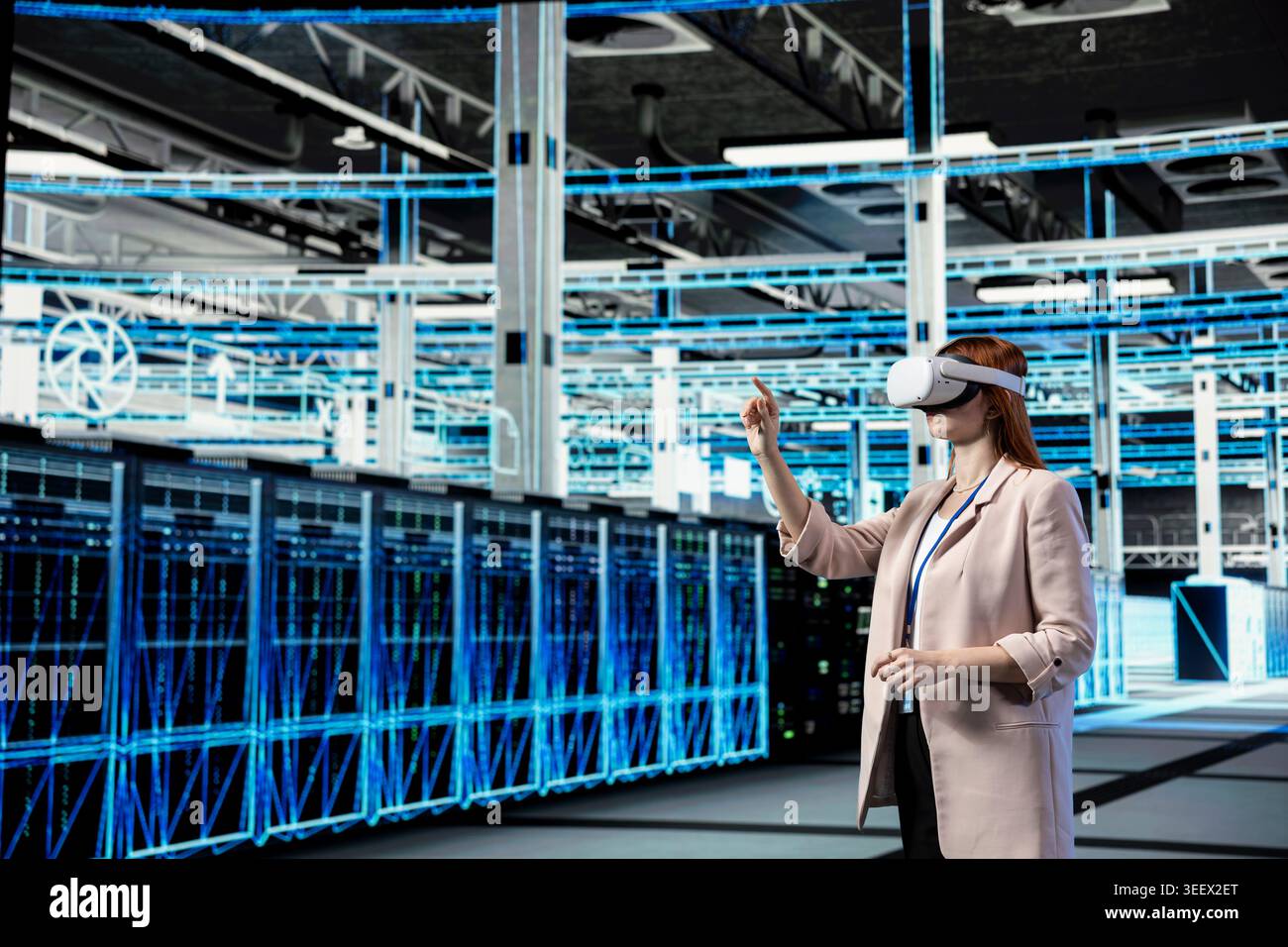 Data center software developer uses VR headset tech to scan gear, doing upgrades, VFX composting Server hub expert using virtual reality AR simulation to oversee operations and resource allocation Stock Photo