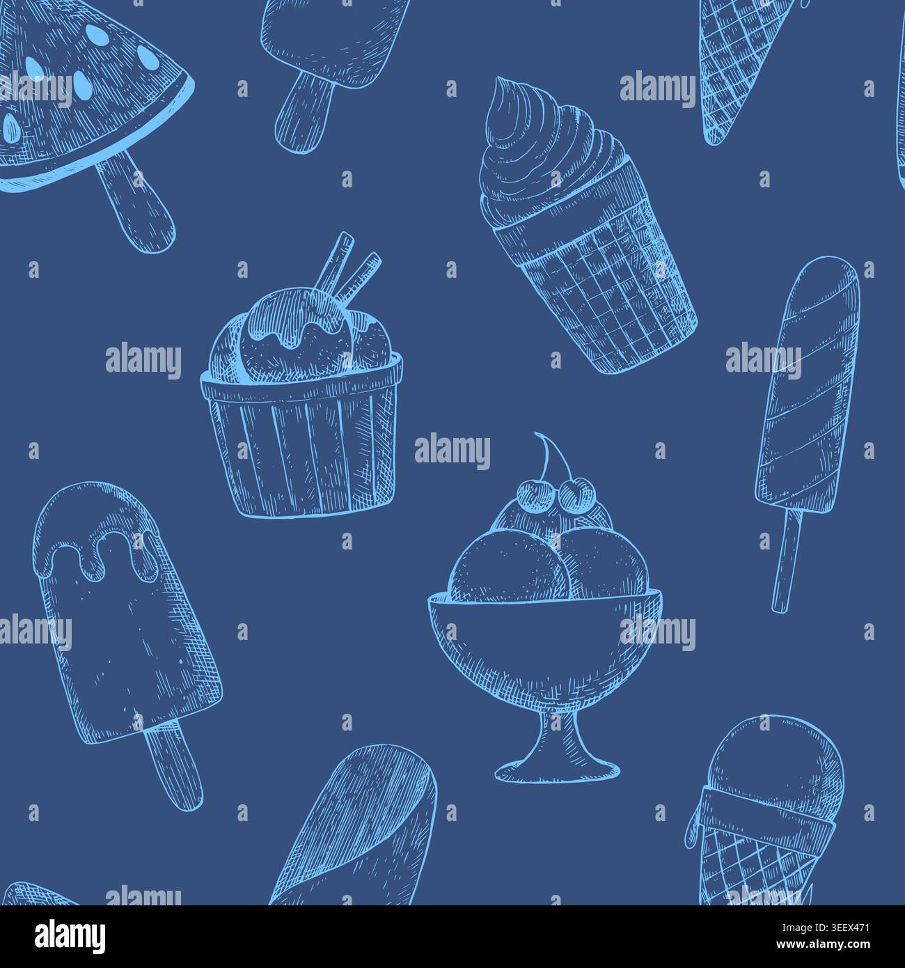 Seamless pattern with ink hand-drawn various ice cream desserts. Vector ...