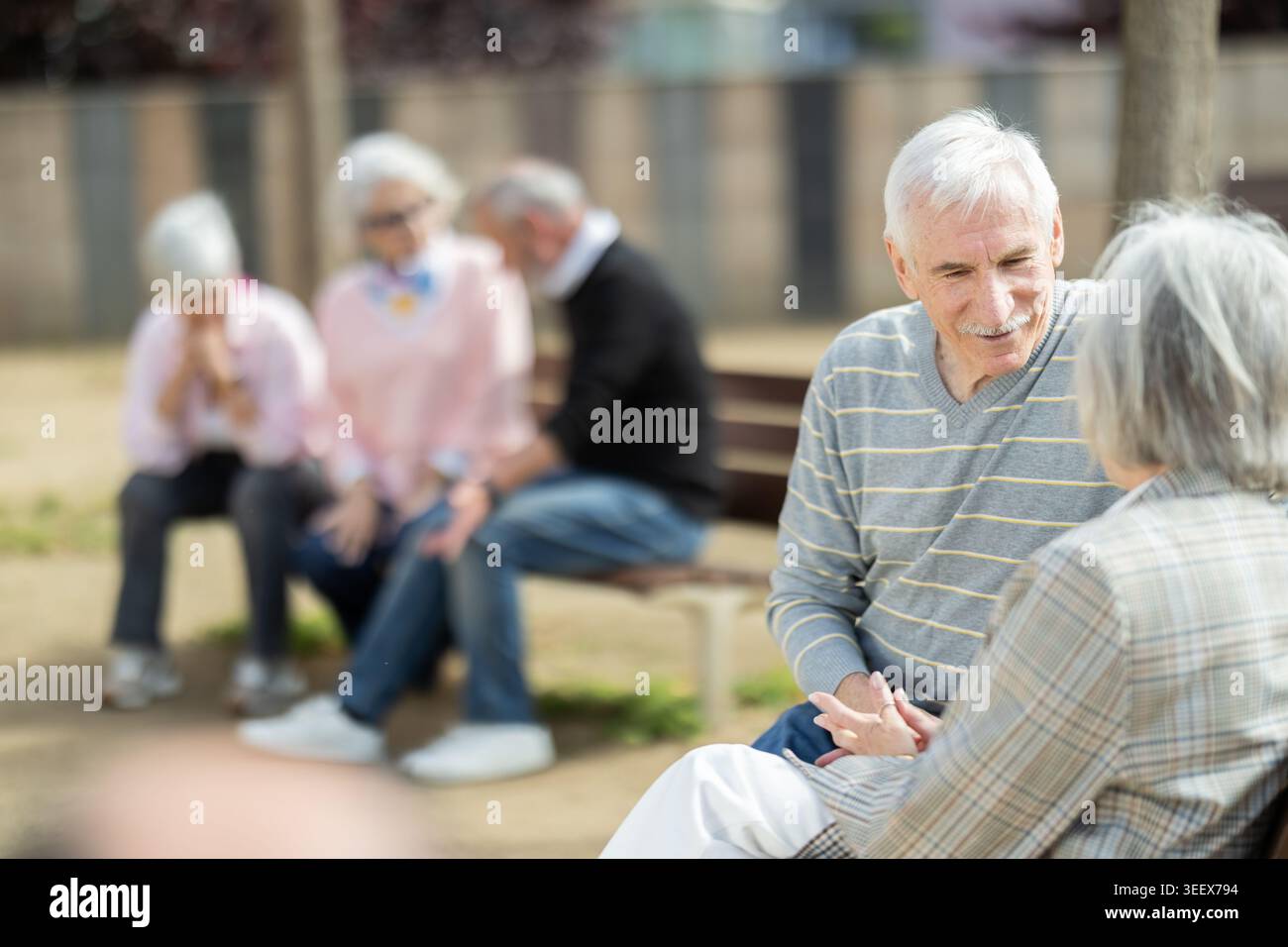 Elderly couple flirting while sitting on bench in courtyard Stock Photo
