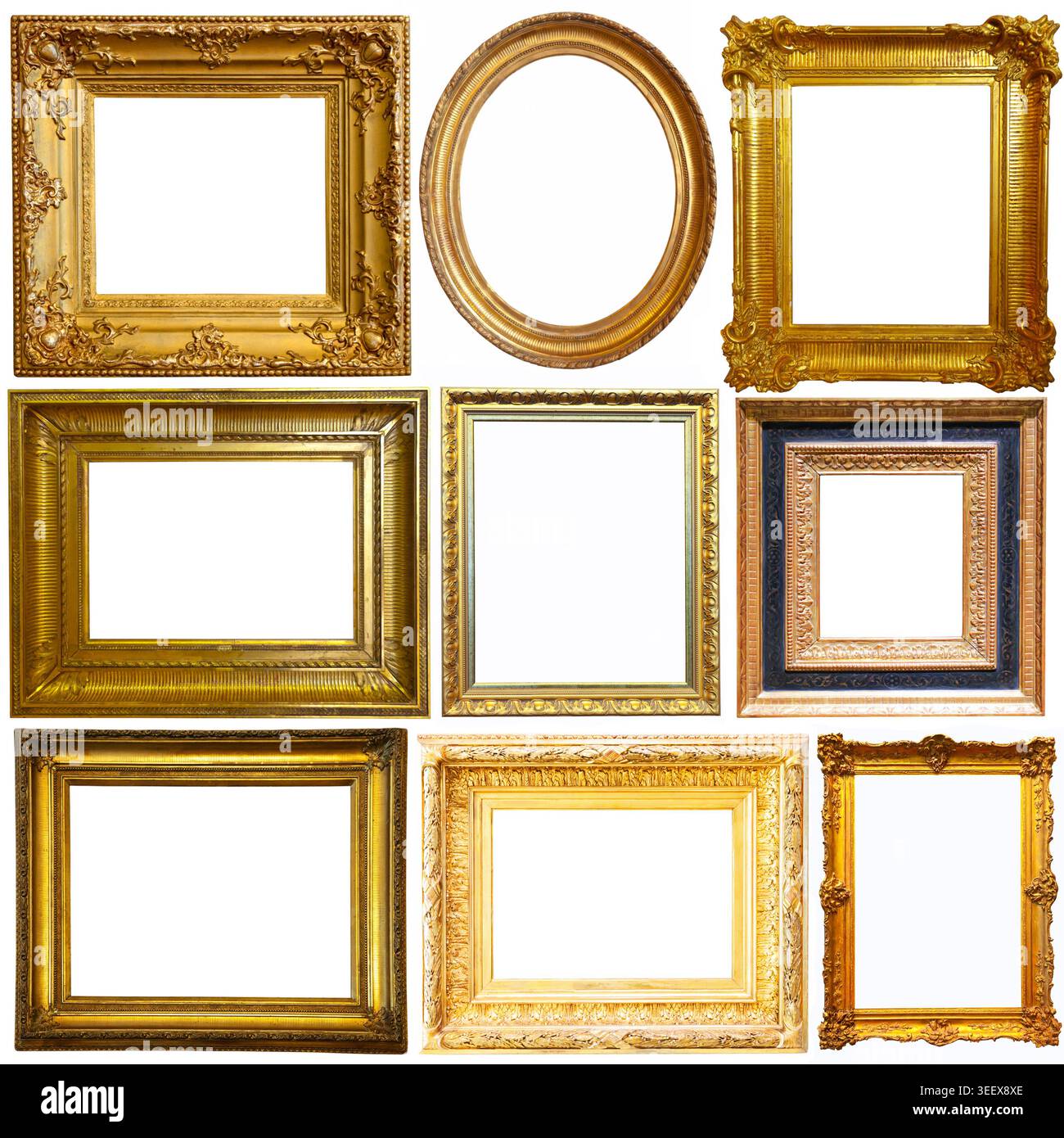 Collection of old empty art frames in different shapes isolated Stock Photo