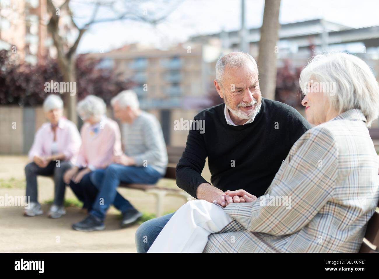 Elderly couple flirting while sitting on bench in courtyard Stock Photo