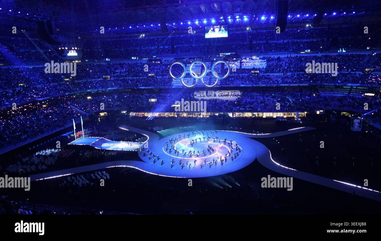 Performers and illuminated Olympic rings during Milano Cortina 2026 ...