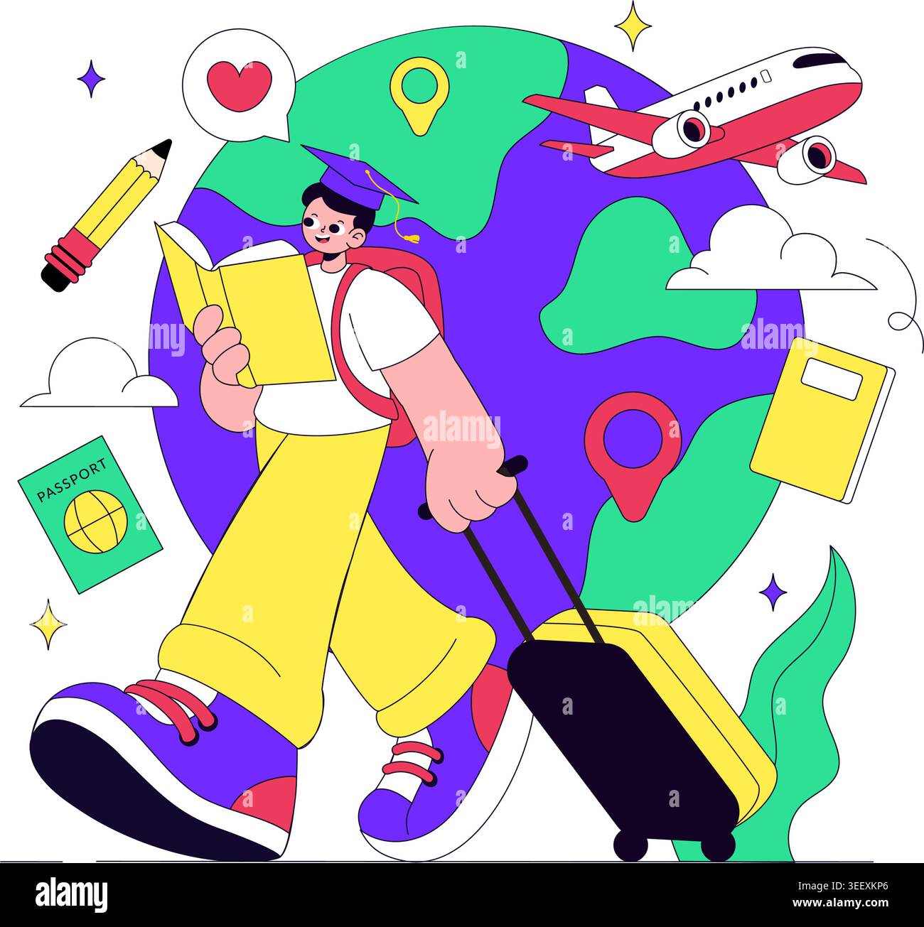 Study Abroad Vector Illustration Featuring International Education, Student Travel, Passport and Global Learning Design Stock Vector