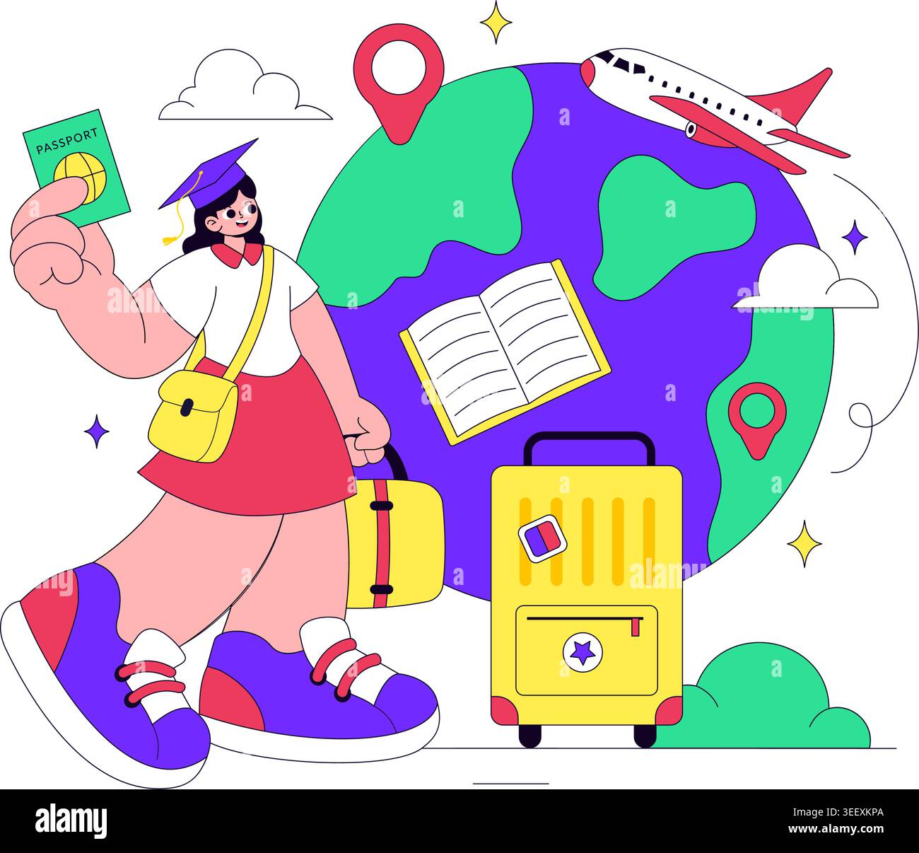 Study Abroad Vector Illustration Featuring International Education, Student Travel, Passport and Global Learning Design Stock Vector