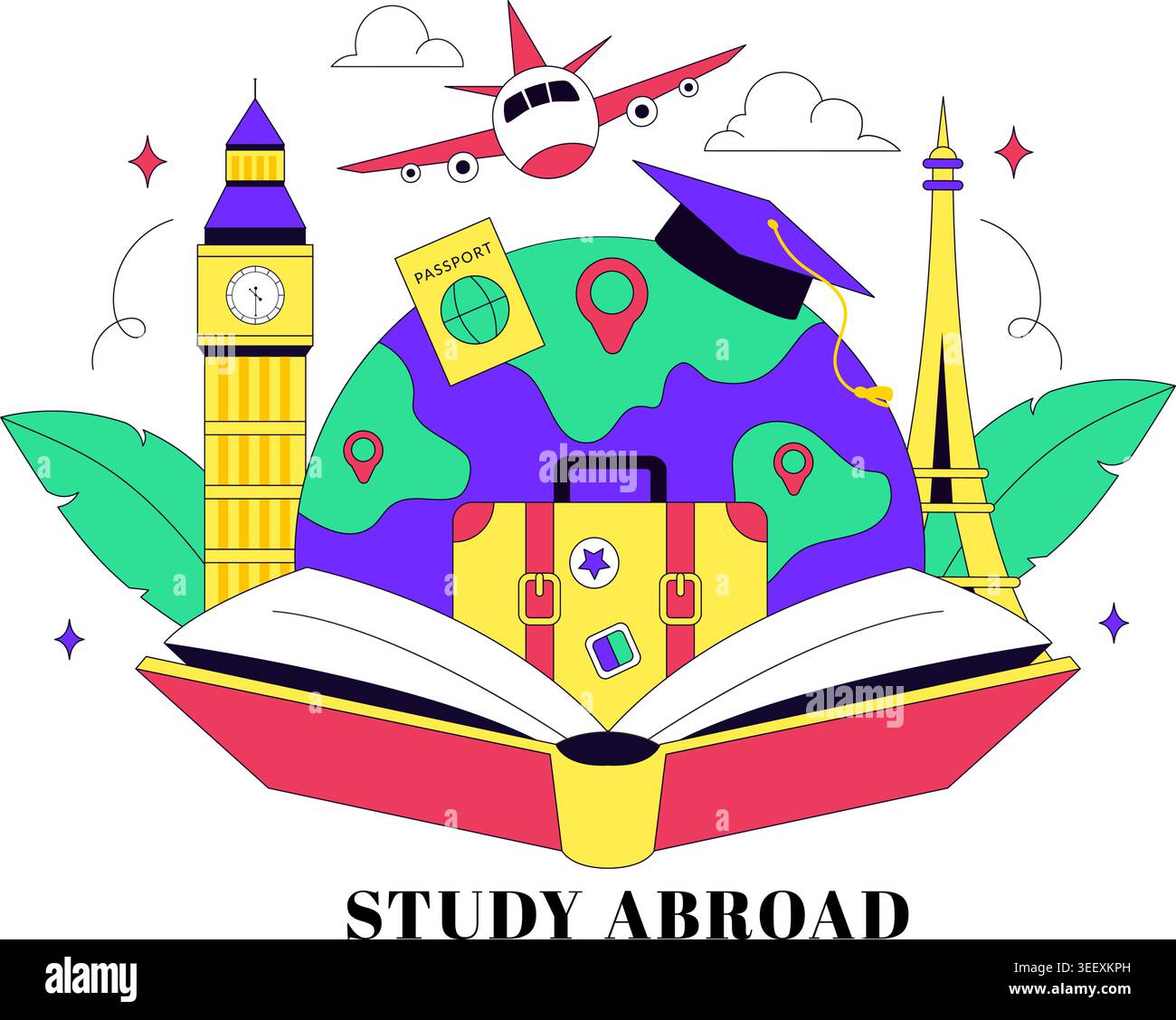 Study Abroad Vector Illustration Featuring International Education, Student Travel, Passport and Global Learning Design Stock Vector