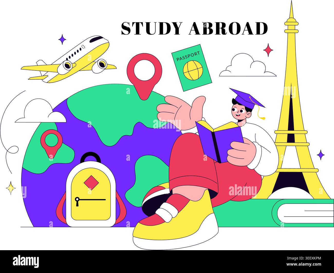 Study Abroad Vector Illustration Featuring International Education, Student Travel, Passport and Global Learning Design Stock Vector