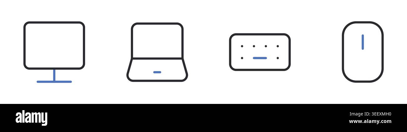 Computer Laptop Keyboard and Mouse Line Icons Set Editable Stroke Vector Illustration . Stock Vector