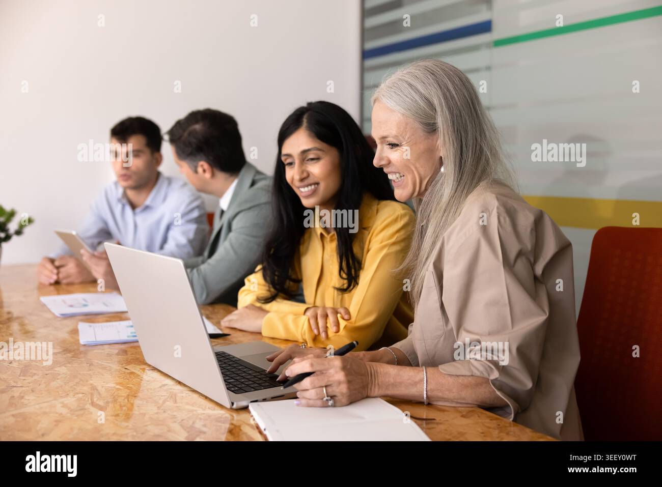 Multiethnic female colleagues working together on laptop Stock Photo