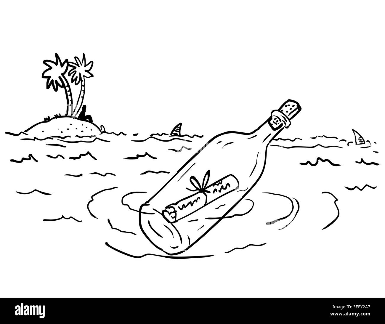 Drawing sketch style illustration of a message in a bottle floating at ...