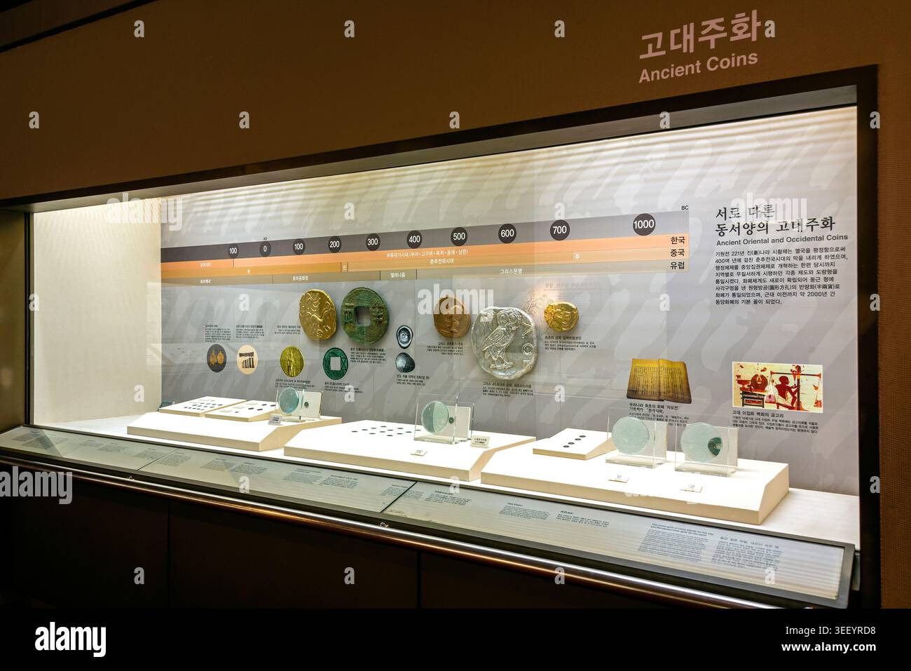 Ancient coins from different Eastern and Western civilizations, exhibited at the Currency Museum, South Korea Stock Photo