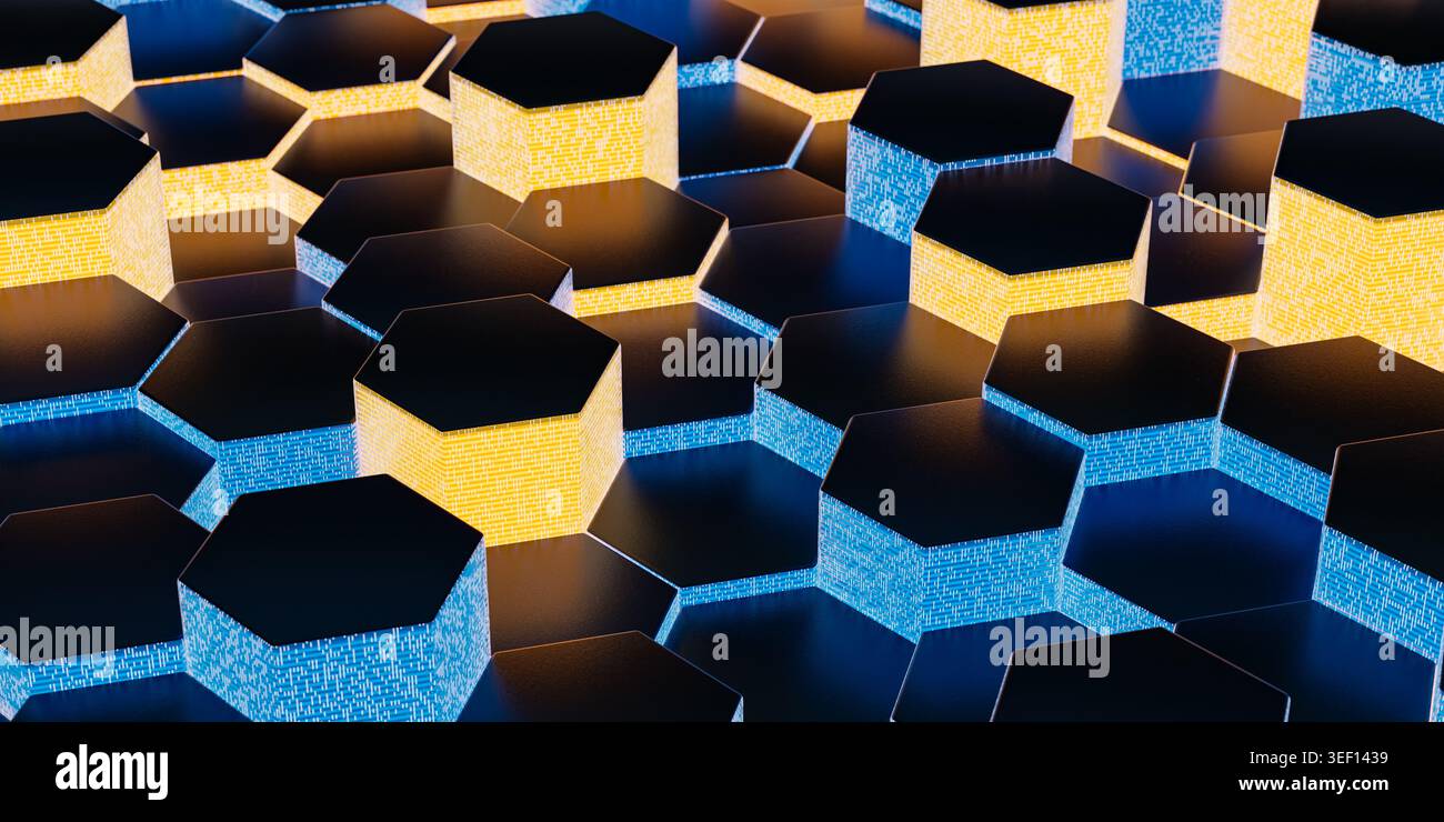 Futuristic cyber security hexagonal grid. 3D abstract background with blue and gold light Stock Photo