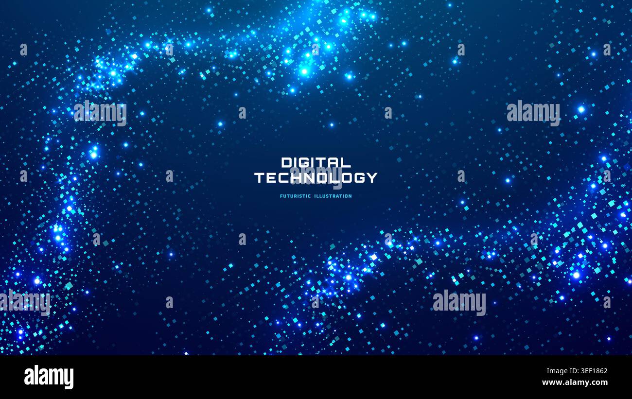 Blue abstract digital background with glowing dot matrix pixel texture Stock Vector