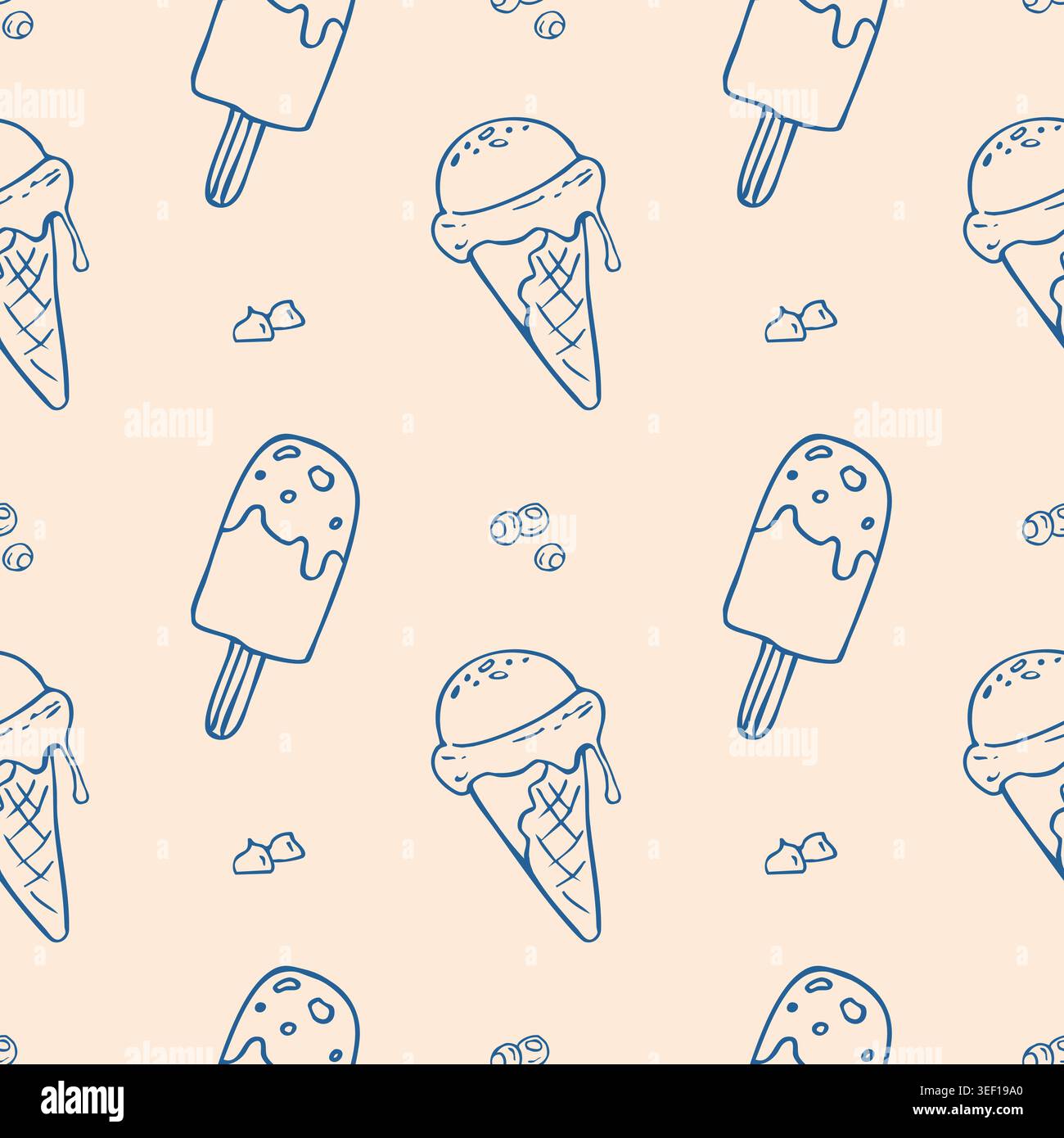 Cute Ice cream doodle seamless pattern with popsicles and cones on cream background Stock Vector