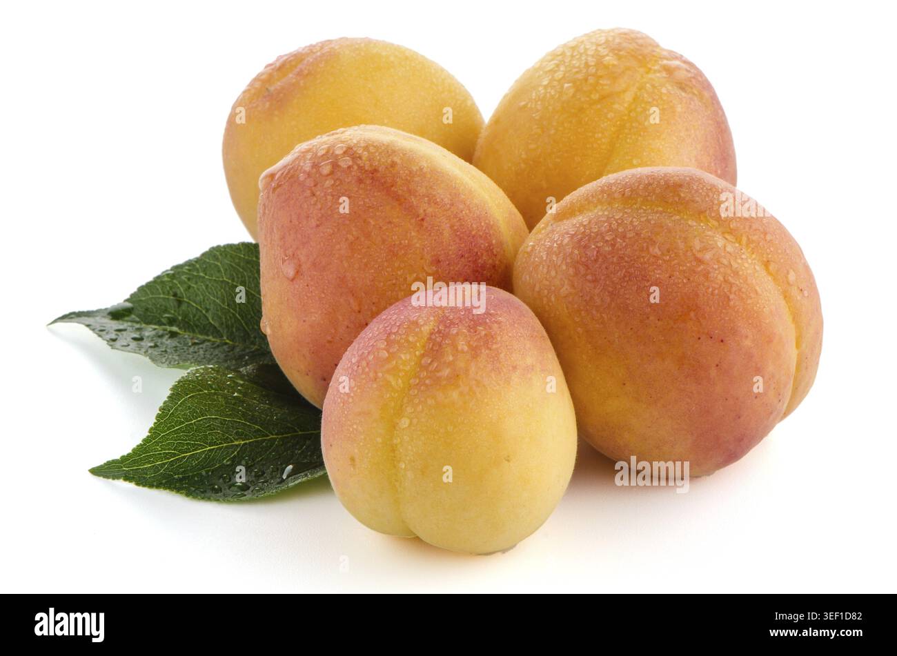 Sweet peaches with leafs on a white background Stock Photo
