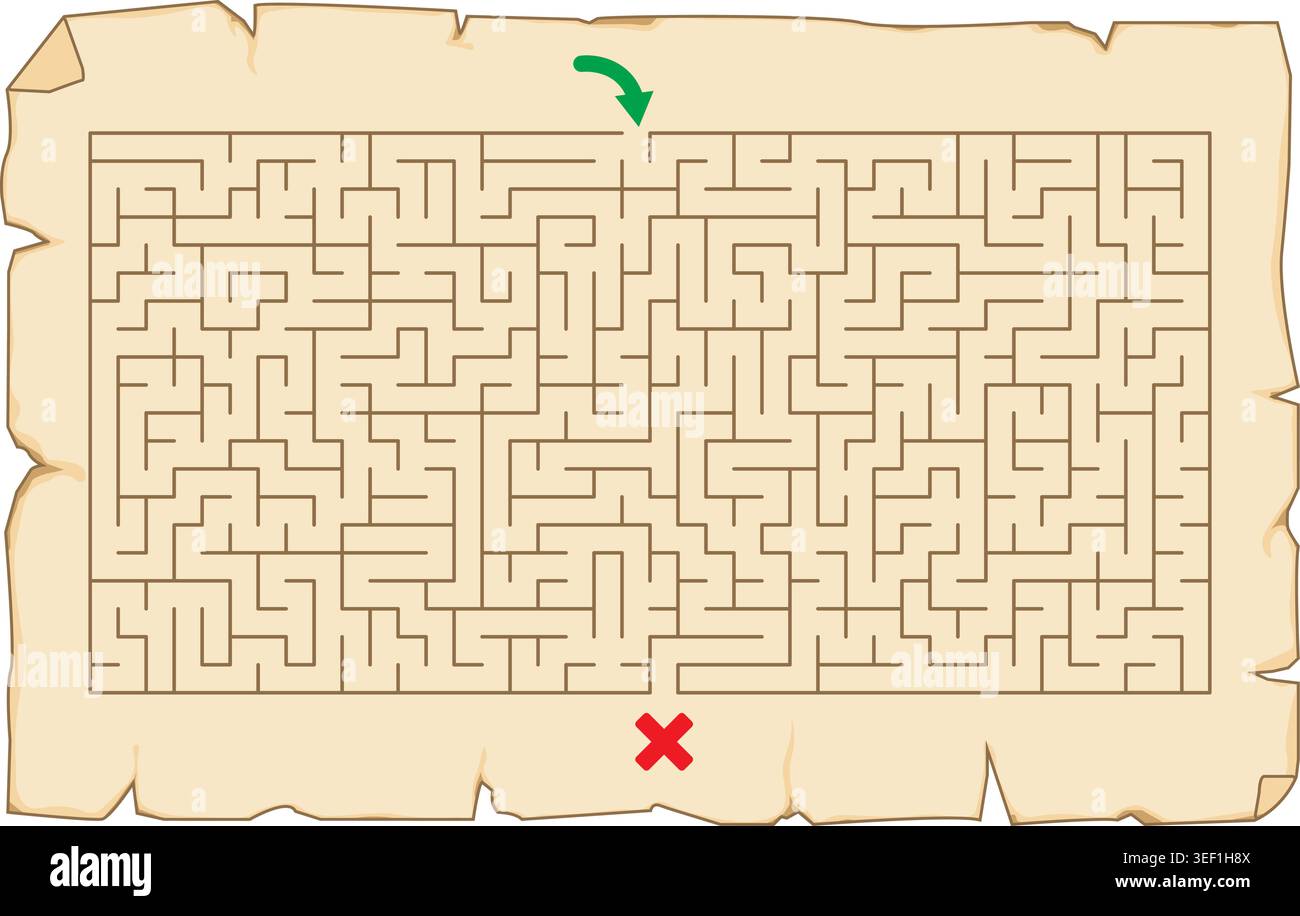 Complex labyrinth maze on aged parchment paper Stock Vector