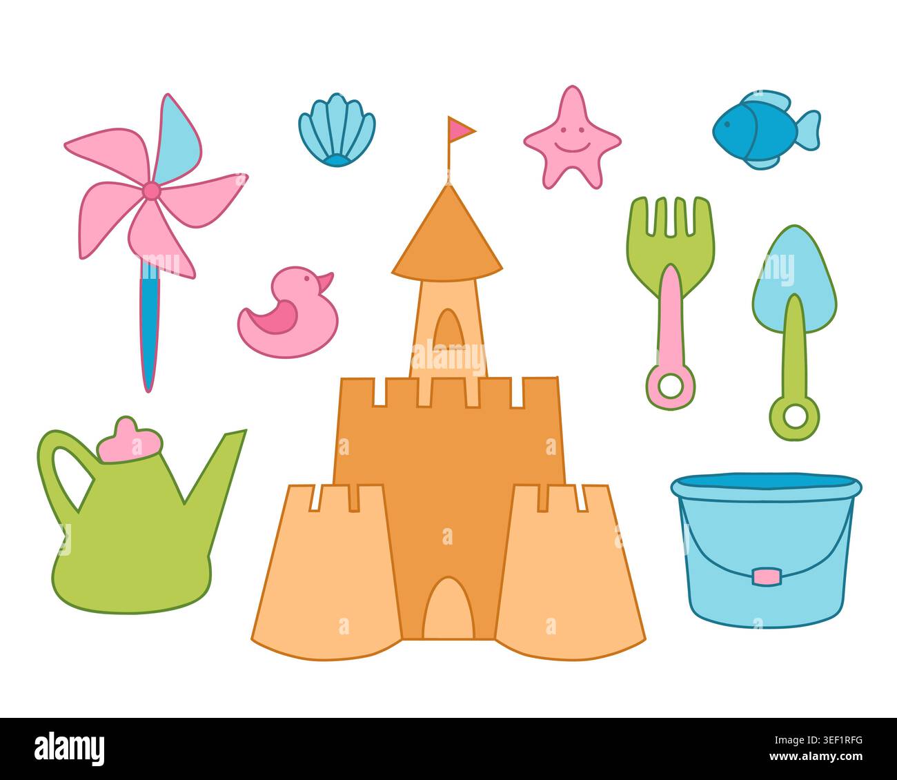 Outlined beach toys and sand castle vector elements set. Stock Vector