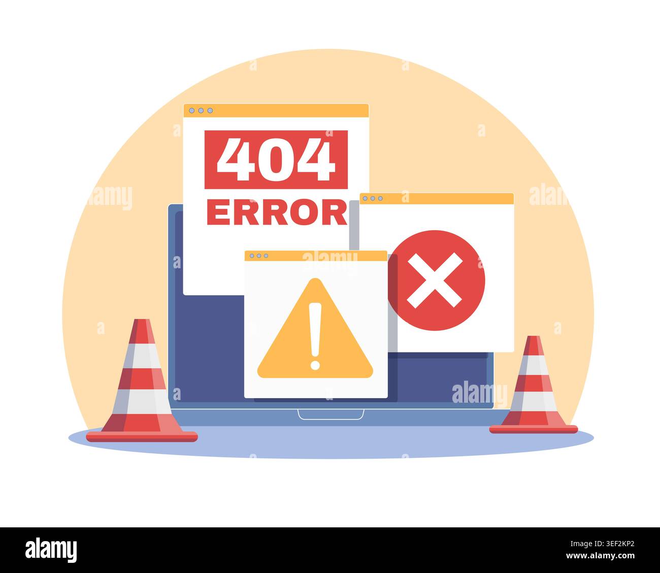 Web page error icon. Page was not found, system website failure, forbidden internet connection interruption, warning and blocked access icons, laptop Stock Vector