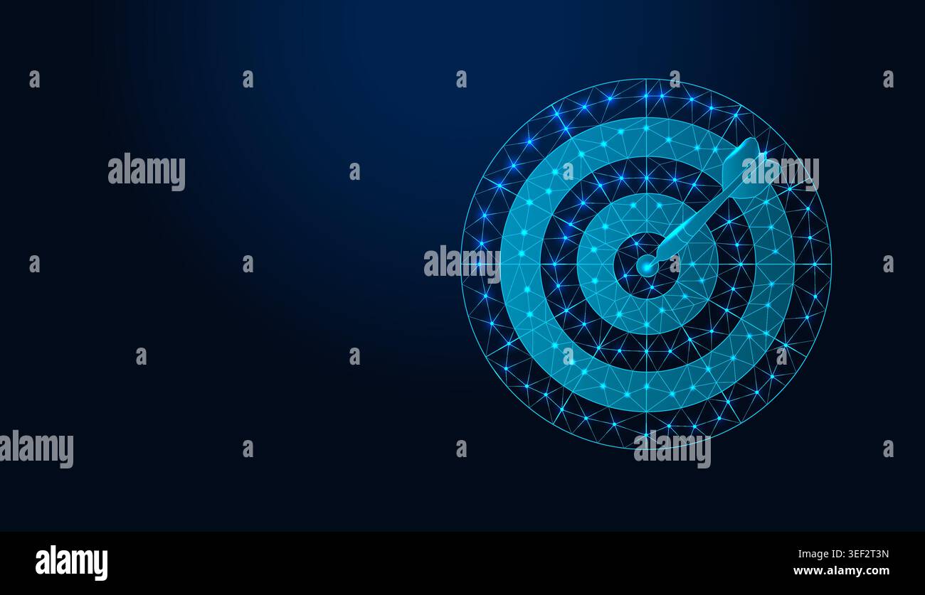 Low poly wireframe target with arrow on dark blue background. Stock Vector