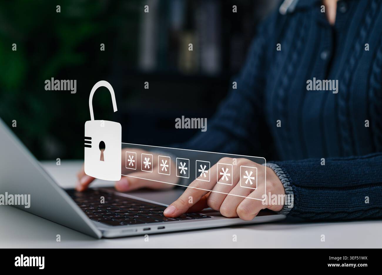 Password security unlock and digital access authentication concept. User entering secure passcode on laptop with virtual open lock, privacy protection Stock Photo