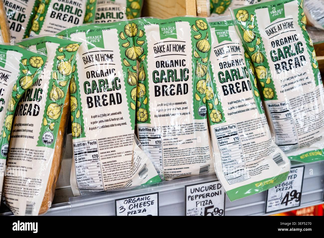 Trader Joes Organic Garlic Bread Freshly Baked Artisan Bread Products Displayed On Shelf At Trader Joes Store Stock Photo