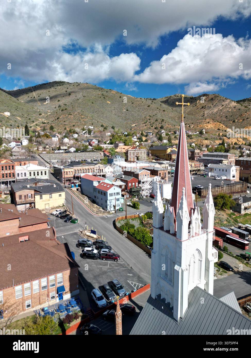 Aerial view of St. Mary in the Mountains church steeple in Virginia City, Nevada Stock Photo