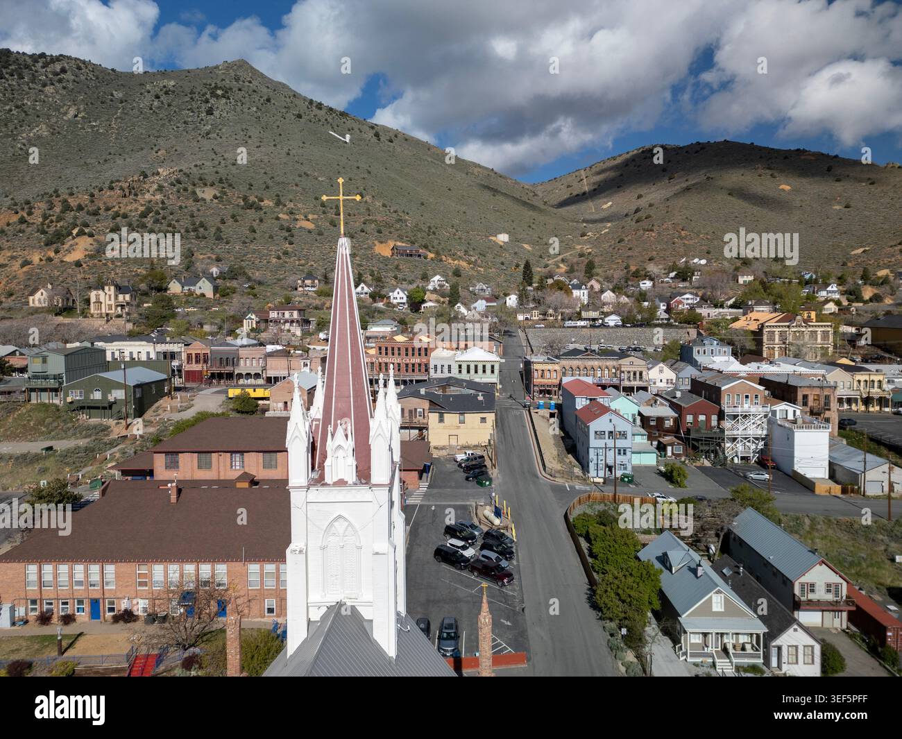 Aerial view of St. Mary in the Mountains church steeple in Virginia City, Nevada Stock Photo