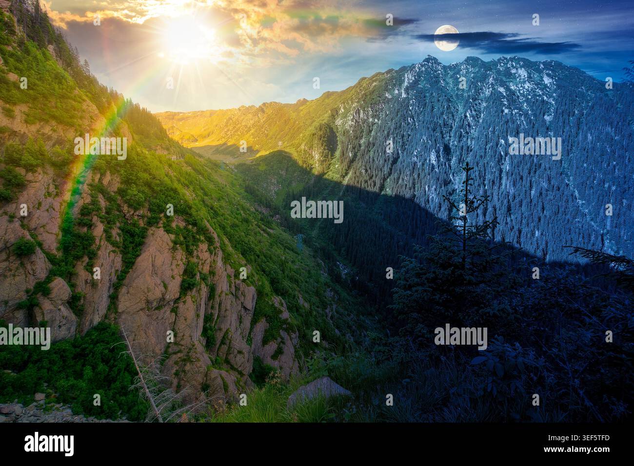 Day meet night. Valley on summer solstice in mountains. Sun and moon over gorgeous mountainous landscape at twilight. Rocky cliffs and forested slopes Stock Photo