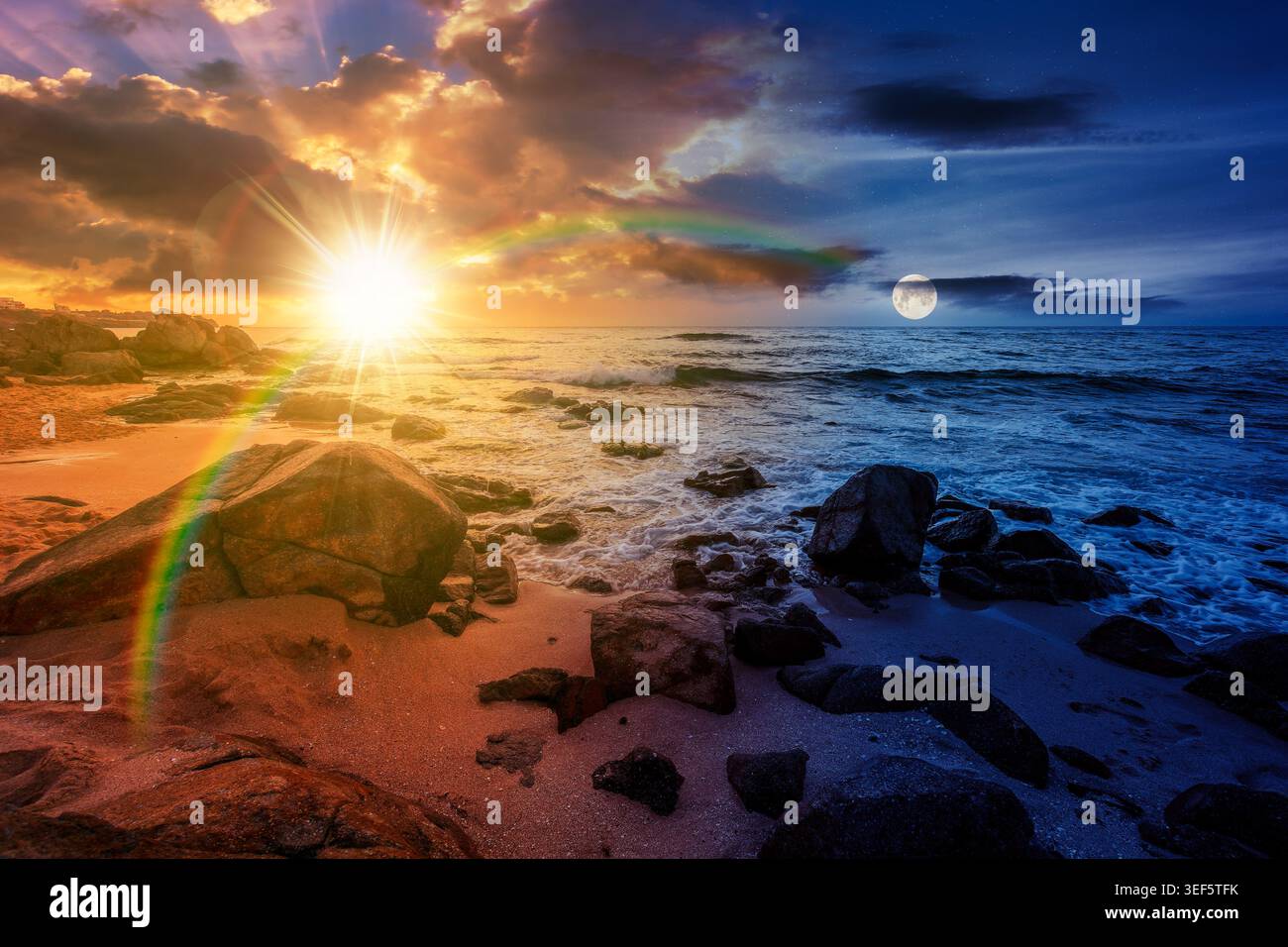 huge stones on a sandy beach. day meet night. epic summer vacation season at the black sea. sun and moon in harmony over calm waves washing the sand s Stock Photo