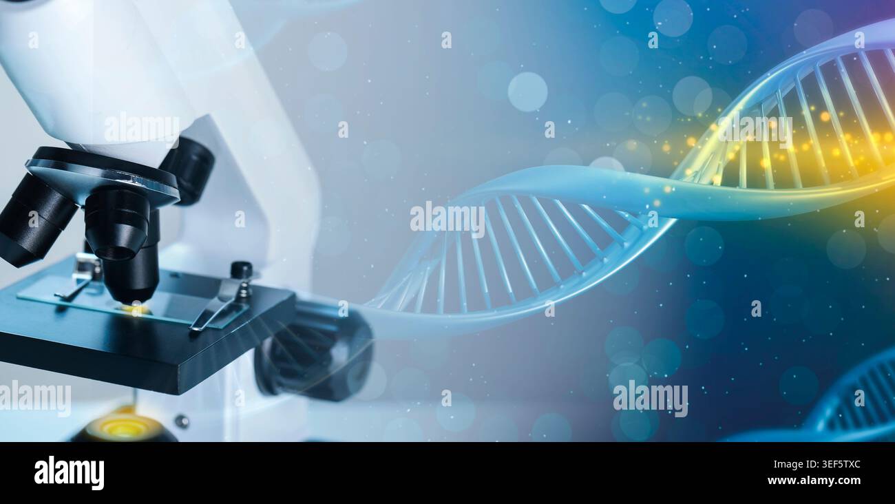 Research in genetics. Microscope and DNA helix, double exposure Stock Photo