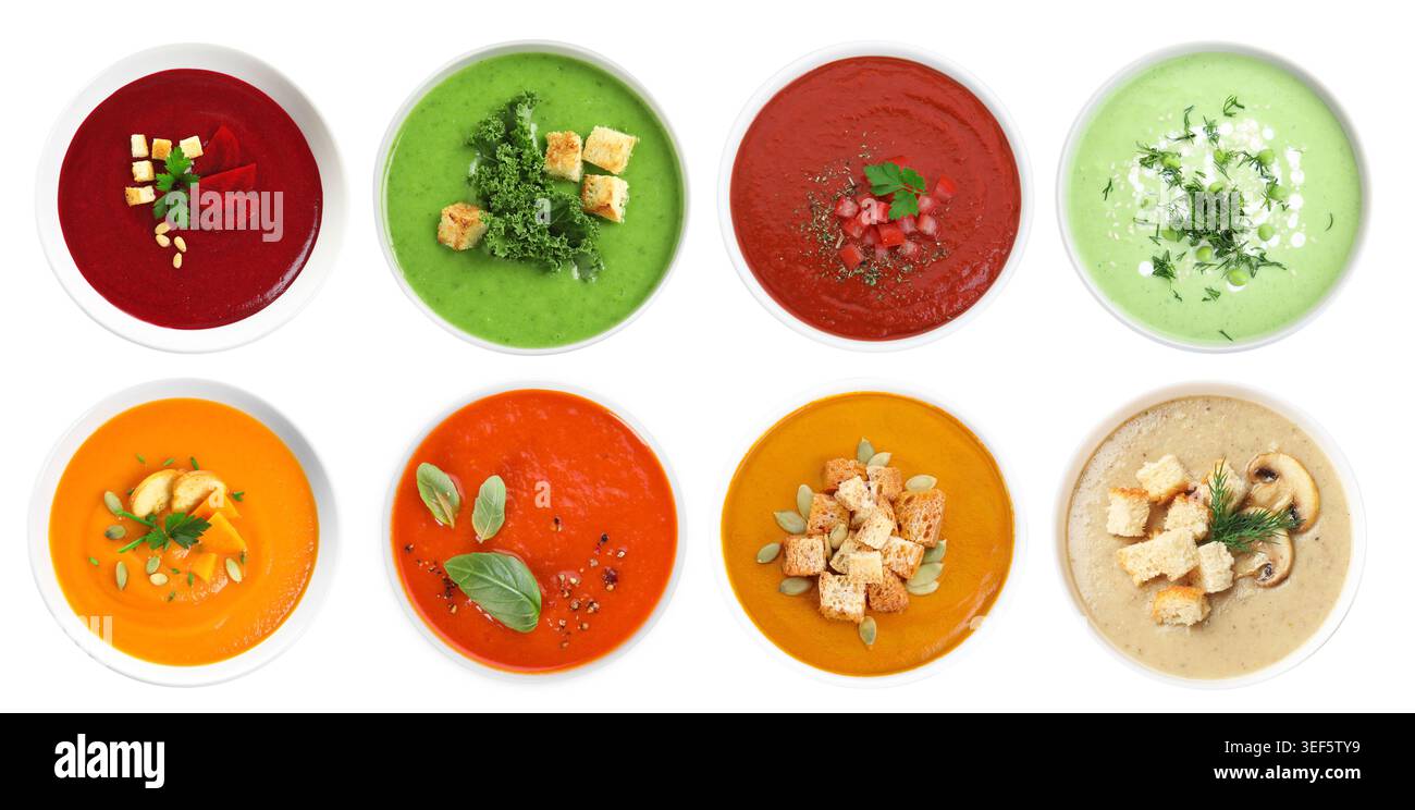 Different tasty soups in bowls isolated on white, collage. Top view Stock Photo