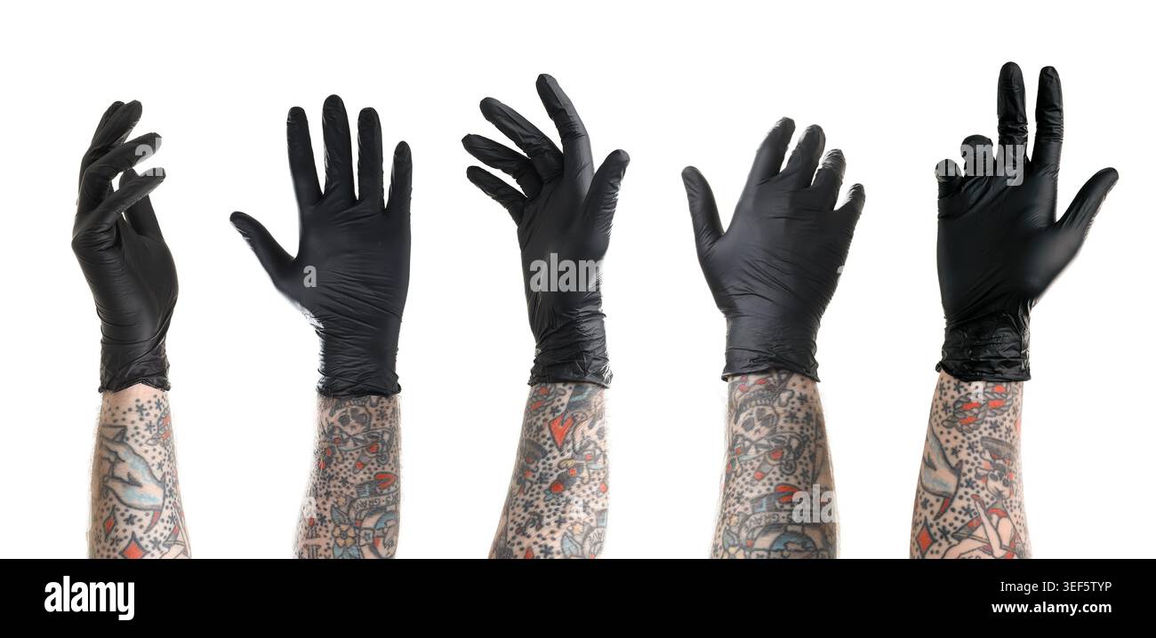 Man showing his tattooed hand on white background, set Stock Photo