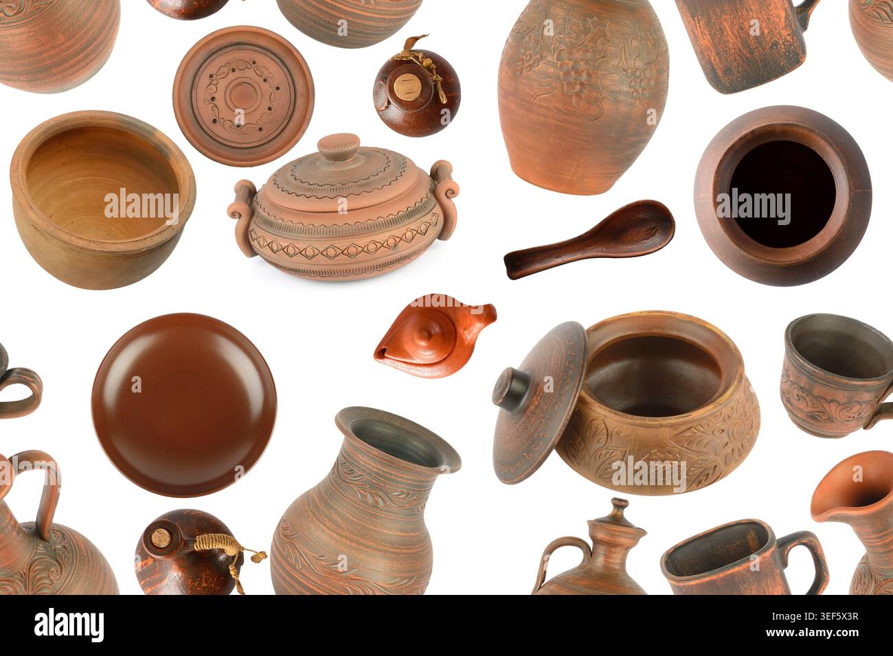 Various clay dishes from different angles isolated on white background. Seamless pattern. Stock Photo