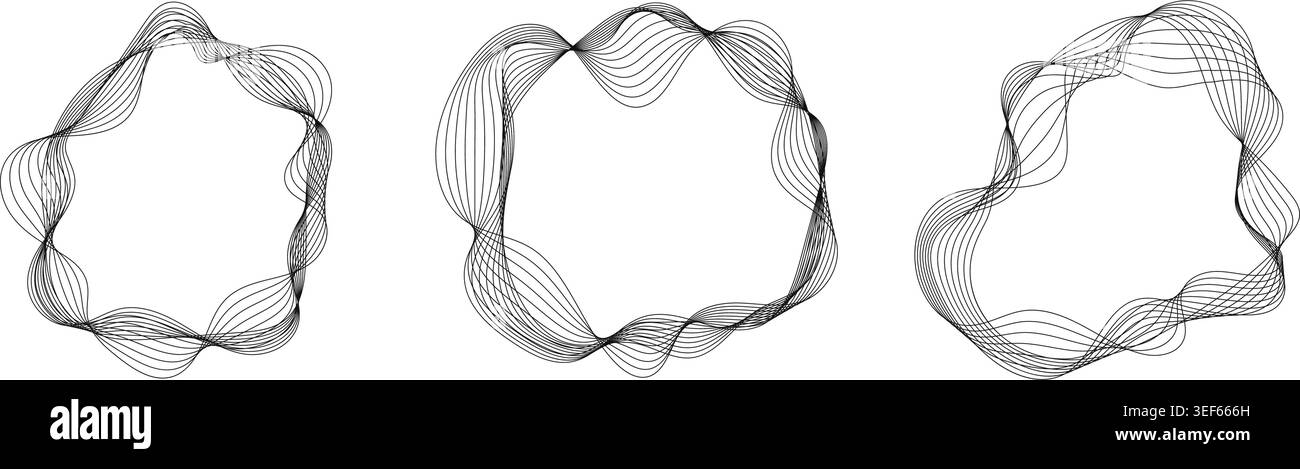 Black wireframe wavy circular abstract shapes set for modern graphic design elements and creative geometric vector backgrounds Stock Vector