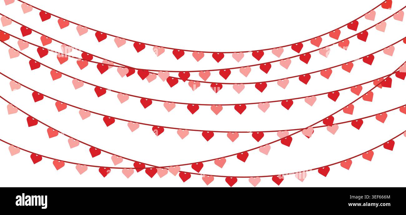 Red and pink heart shape strings bunting garland for valentines day romance wedding celebration vector illustration Stock Vector