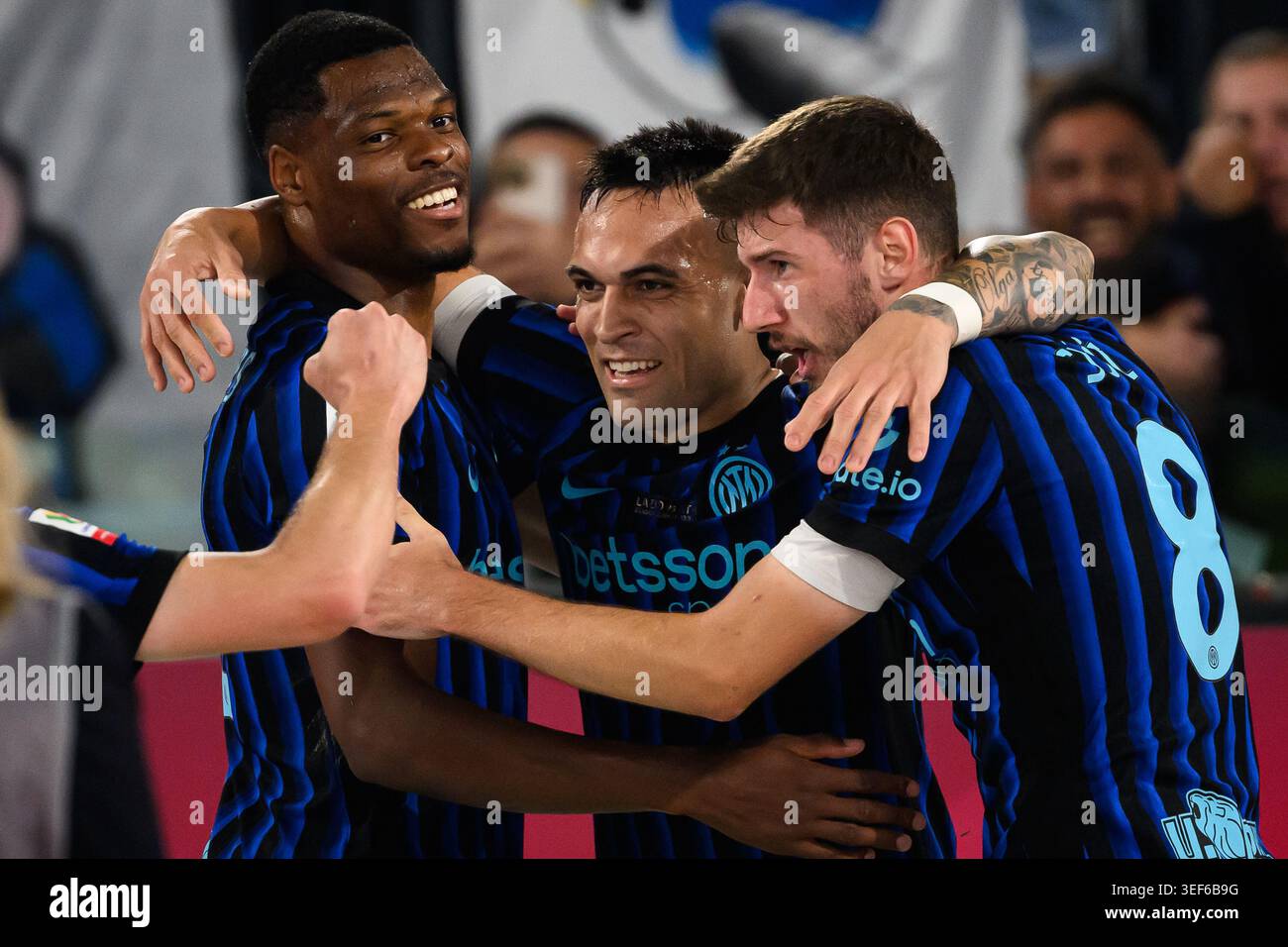 Rome, Italy. 13th May, 2026. Lautaro Martinez of FC Internazionale celebrates with Marcus Thuram and Petar Sucic after scoring the goal of 0-2 during the 2025/2026 Coppa Italia football final between SS Lazio and FC Internazionale at Stadio Olimpico in Rome (Italy), May 13, 2026. Credit: Insidefoto/Alamy Live News Stock Photo