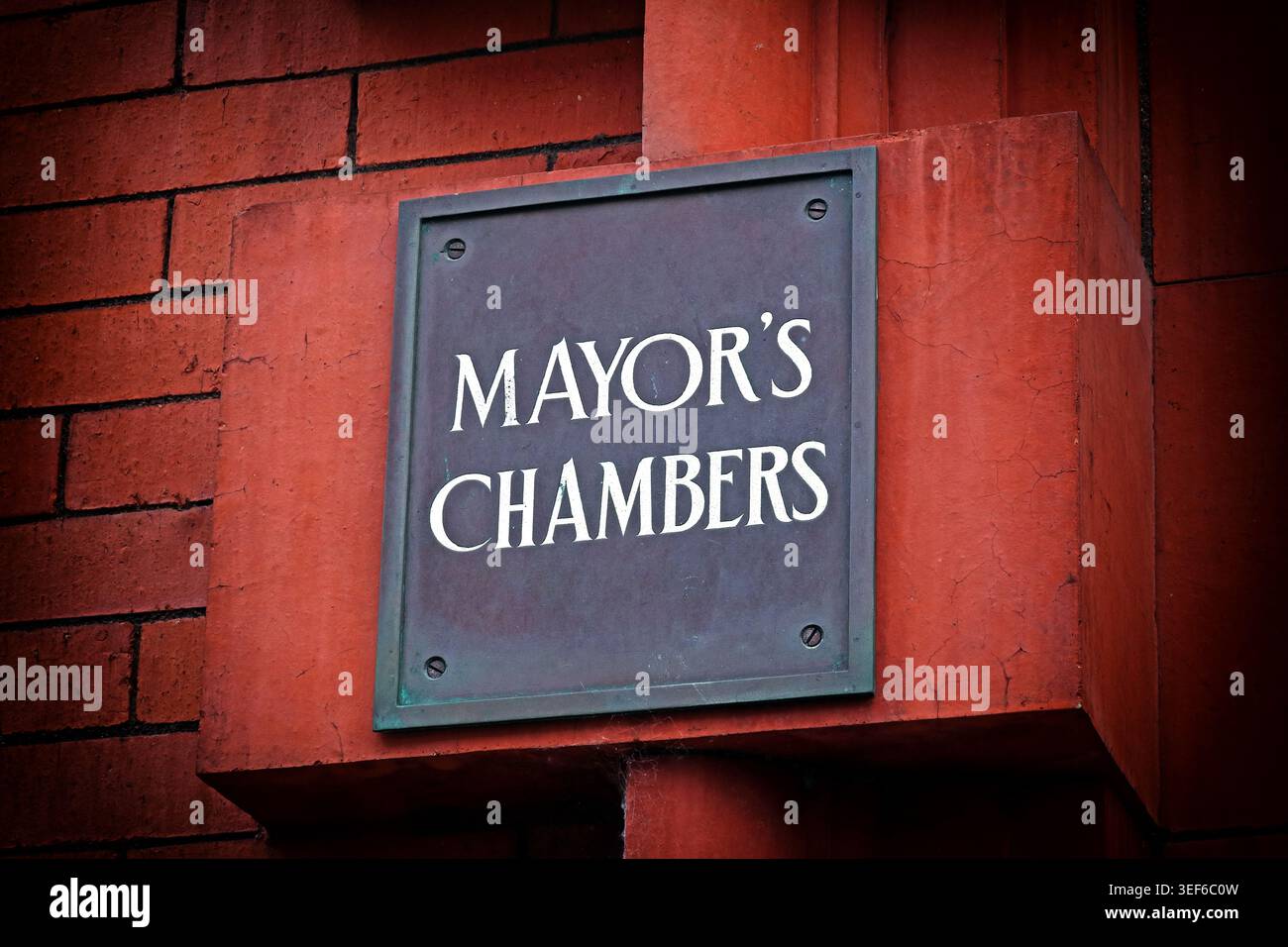 Mayor's Chambers sign at rear of Wigan Town Hall, Library Street, Wigan, Greater Manchester, UK Stock Photo