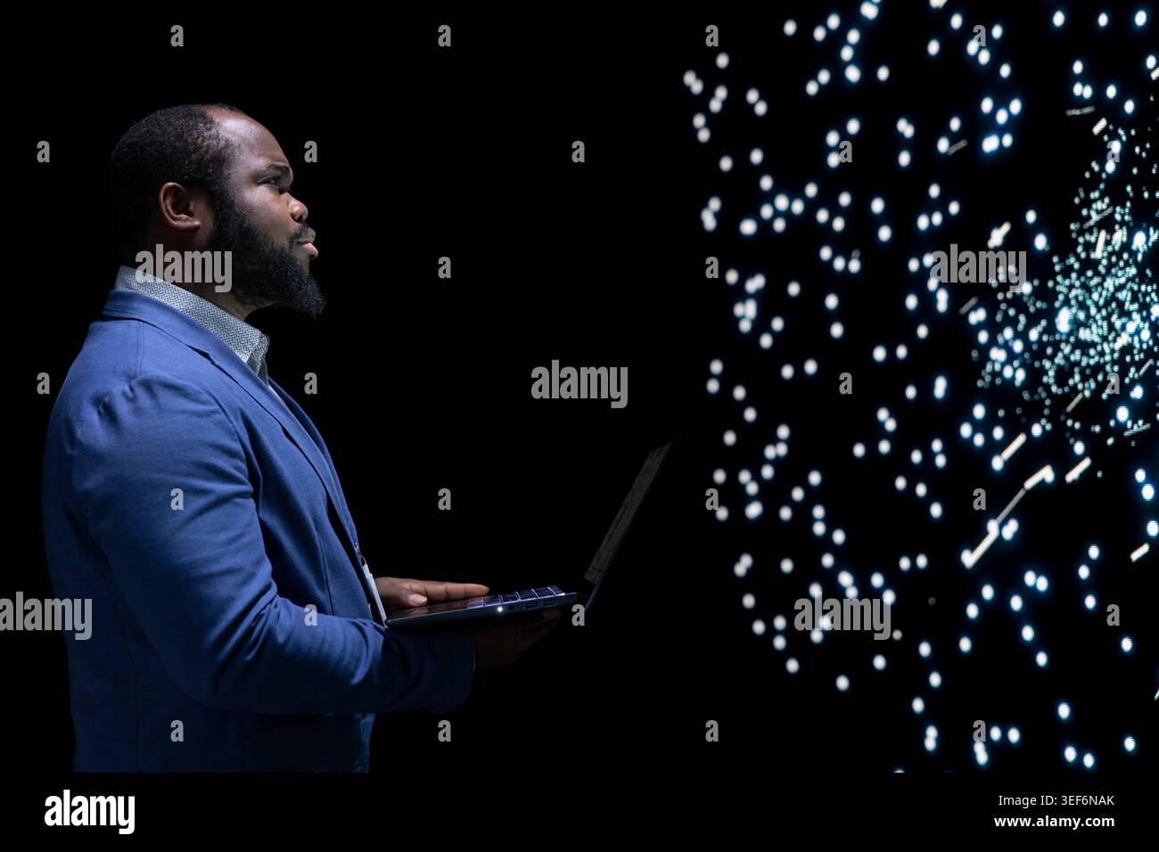Researching AI, laptop and software developer researching algorithm clusters. Analyzing data processing, notebook and African american man studying artificial intelligence neural network visualization Stock Photo