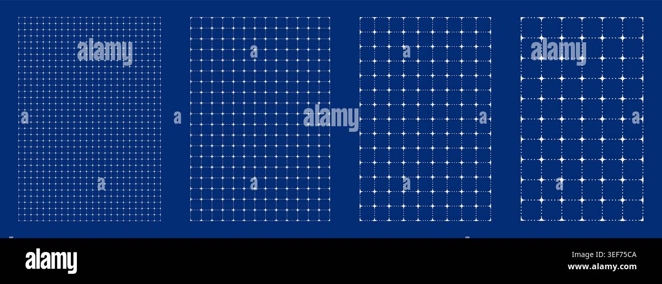 Blueprint grid set dot Star geometry, four scale variations. Wide medium dense micro spacing comparison, engineering layouts dashboards notebook pages interface planning systems technology graphics. Stock Vector