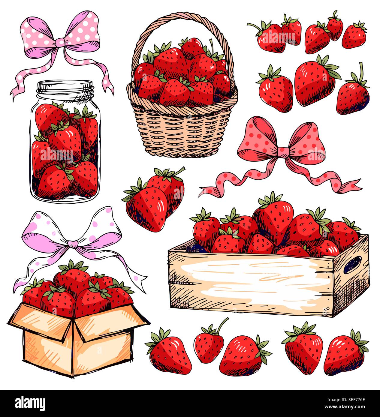 Hand Drawn Strawberry Illustration Set Stock Vector